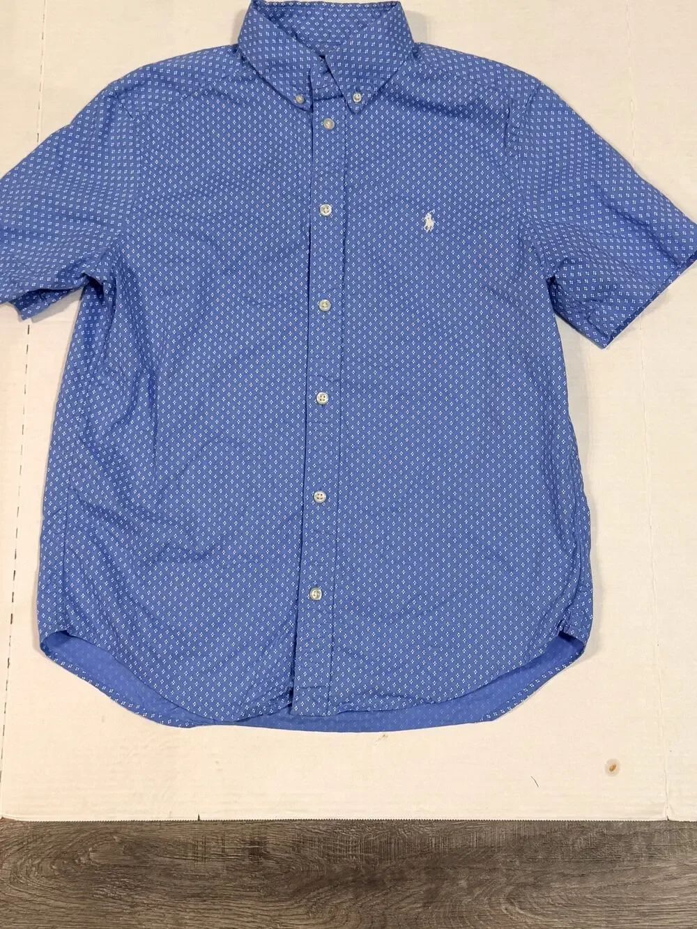 Polo Ralph Lauren Boys L 14-16 Blue Geometric Natural Stretch Button Shirt SS